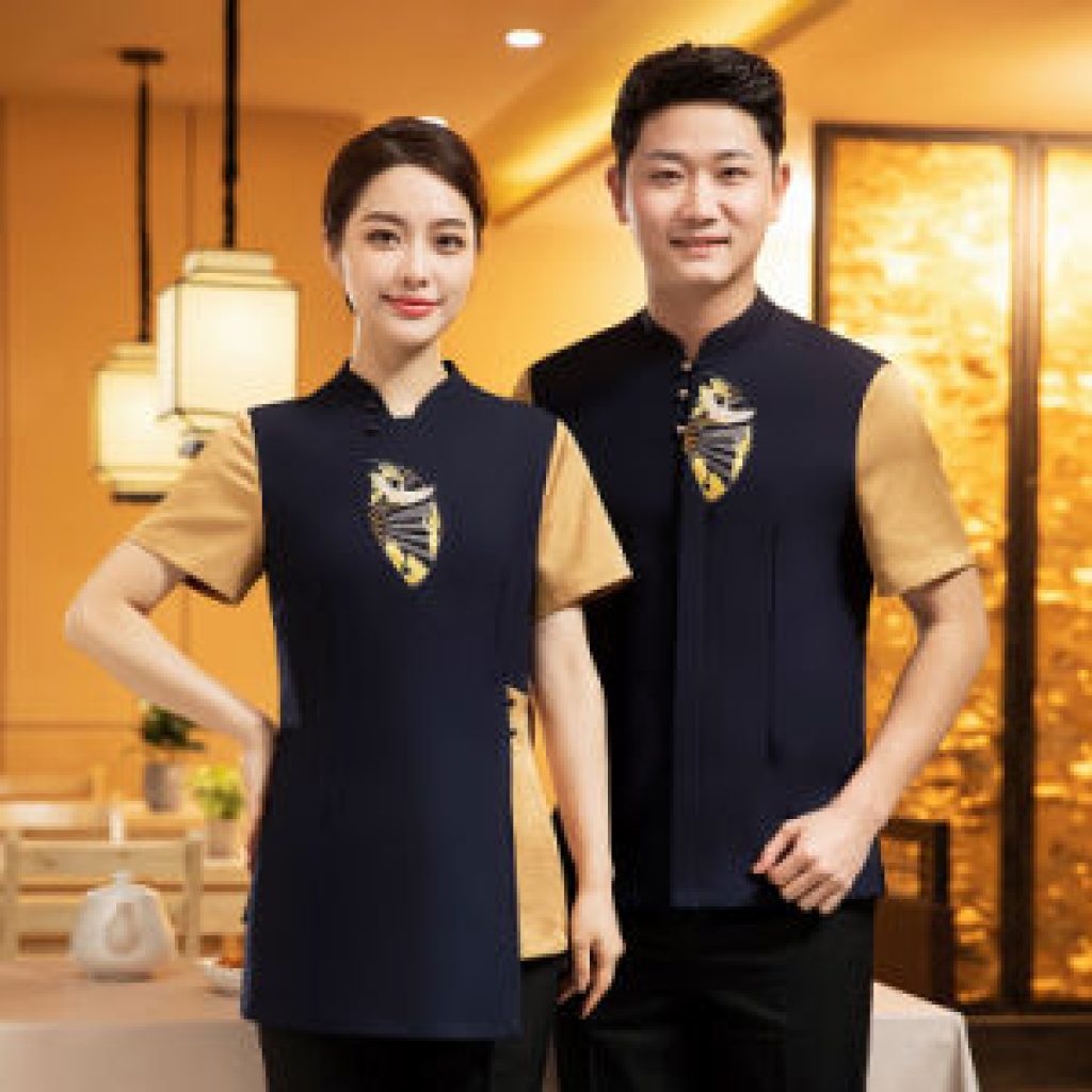 White Crane Spreading Wings Restaurant Waiter Short Sleeve Top Hotel Uniform