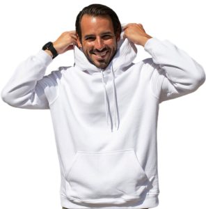 white hoodie man with green pants city